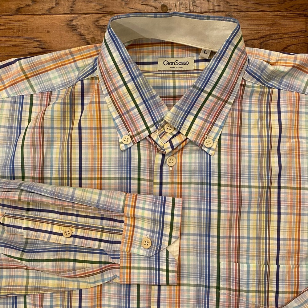 Gran Sasso Button Down Shirt Mens L Multicolor Plaid Long Sleeve Made in Italy